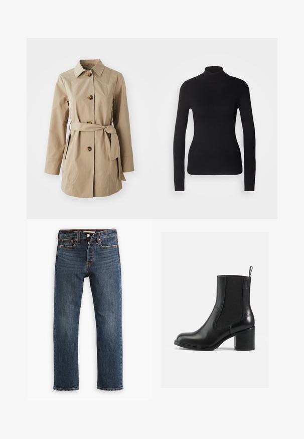 Beige trenchcoat med krave, lange ærmer, tre store knapper, sidelommer og et stofbælte i taljen.; Sort turtleneck sweater lavet af let strikket stof. Har lange ærmer, et tætsiddende design og en blød ribbet tekstur.; Mørkeblå denimjeans med lige ben. Har forlommer, knaplukning og synlige syningsdetaljer. Slidt look.; Sort læder ankelstøvle med elastiske sidepaneler, rund tå og blokhæl. Glat tekstur med minimale syninger.