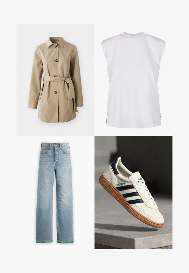 Beige trenchcoat med krave, lange ærmer, tre store knapper, sidelommer og et stofbælte i taljen.; Hvid ærmeløs top med høj halsudskæring, lavet af glat stof. Har sideslids og en lille grøn detalje ved bundkanten.; Lyseblå denimjeans med højtaljet design, lige ben, fem-lomme stil og synlige syningsdetaljer.; Hvide ruskinds sneakers med marineblå striber, gummisål, struktureret overdel, rund tå og snøring; har branding på siden og tungen.