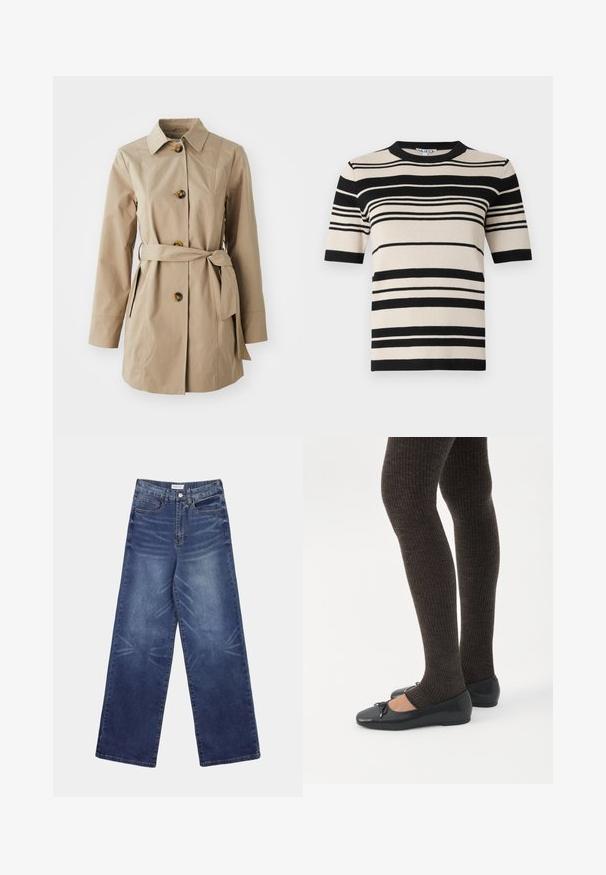 Beige trenchcoat med krave, lange ærmer, tre store knapper, sidelommer og et stofbælte i taljen.; Beige striktop med korte ærmer, sorte, horisontale striber i varierende tykkelse og sort rund hals.; Vidbenede denimjeans i mørkeblå, med høj talje, tydelige falmninger foran og klassisk femlomme-design.; Ben iført mørke ribbede leggings kombineret med sorte balletsko med små sløjfedetaljer på hvid baggrund.