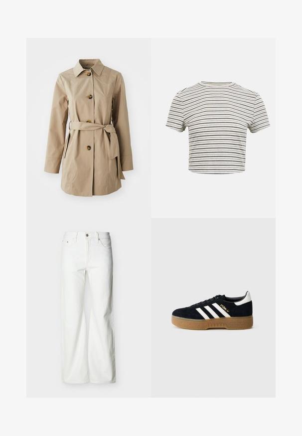 Beige trenchcoat med krave, lange ærmer, tre store knapper, sidelommer og et stofbælte i taljen.; Kortærmet crop-top T-shirt med smalle sorte og hvide vandrette striber og rund halsudskæring på ensfarvet baggrund.; Hvide jeans med høj talje og lige ben, med forreste knap, lynlåslukning samt sidelommer og baglommer, mod en ensartet lys baggrund.; Sort ruskindssneaker med hvide tre striber og guldfarvet logo. Sål i gummi med tekstureret greb. Klassisk lavtop-design med rundet tå.