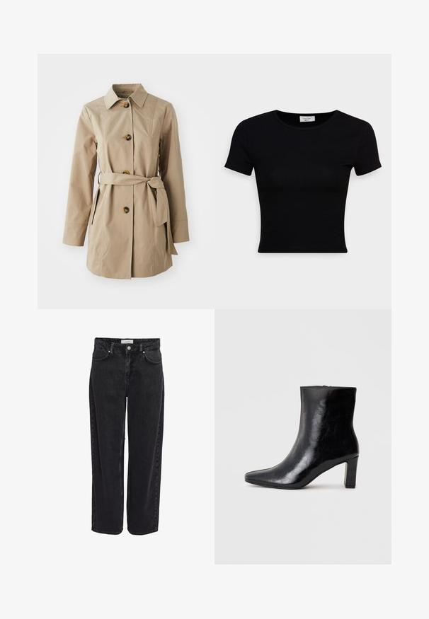 Trench-coat beige avec un col, des manches longues, trois grands boutons, des poches latérales et une ceinture en tissu à la taille.; T-shirt noir à manches courtes en coton lisse, avec un col rond et une coupe ajustée. Minimaliste, sans motifs visibles.; Jean en denim noir taille haute, coupe large, avec cinq poches et fermeture éclair. Texture lisse avec détails de couture minimaux visibles.; Bottine noire en cuir brillant, avec un bout pointu et un talon carré moyen, présentant une texture lisse et un design simple.