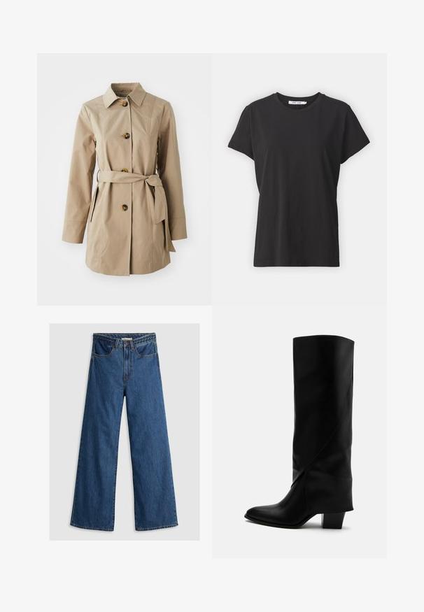 Beige trenchcoat med krave, lange ærmer, tre store knapper, sidelommer og et stofbælte i taljen.; Sort bomulds t-shirt med klassisk rund hals, korte ærmer og afslappet pasform. Glat tekstur, ingen synlige mønstre eller detaljer.; Bredde ben blå denim jeans med høj talje, der har et klassisk fem-lomme design og en tekstureret taljebånd.; Høj sort læderstøvle med skråt syning, spids tå og kraftig mellemhøj hæl på hvid baggrund.