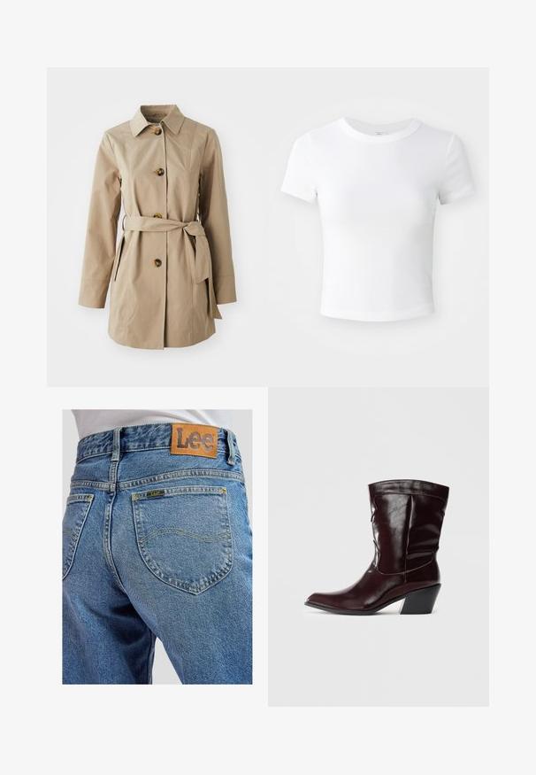 Beige trenchcoat med krave, lange ærmer, tre store knapper, sidelommer og et stofbælte i taljen.; Simpel hvid kortærmet cropped t-shirt med rund halsudskæring, præsenteret på en neutral lys baggrund.; Blå denimbukser med baglommer med gule syninger og et brunt lædermærke med Lee-brand på linningen.; Bordeaux læder ankelstøvler med spids tå, tekstureret overflade og en lav, taperet hæl. Har diskrete søm og en tætsiddende pasform.