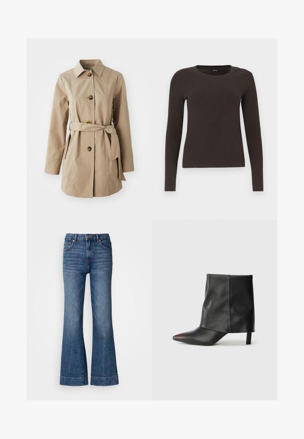 Trench-coat beige avec un col, des manches longues, trois grands boutons, des poches latérales et une ceinture en tissu à la taille.; Un haut marron à manches longues en rib avec un col rond. Fabriqué dans un matériau lisse et extensible, il présente une silhouette ajustée et un minimum de détails.; Jean en denim évasés de couleur bleu foncé. Comprend cinq poches, des passants de ceinture et des coutures orange. Texture lisse avec un design classique.; Bottine noire en cuir lisse avec un bout pointu et un talon effilé. La tige présente un design légèrement froncé.