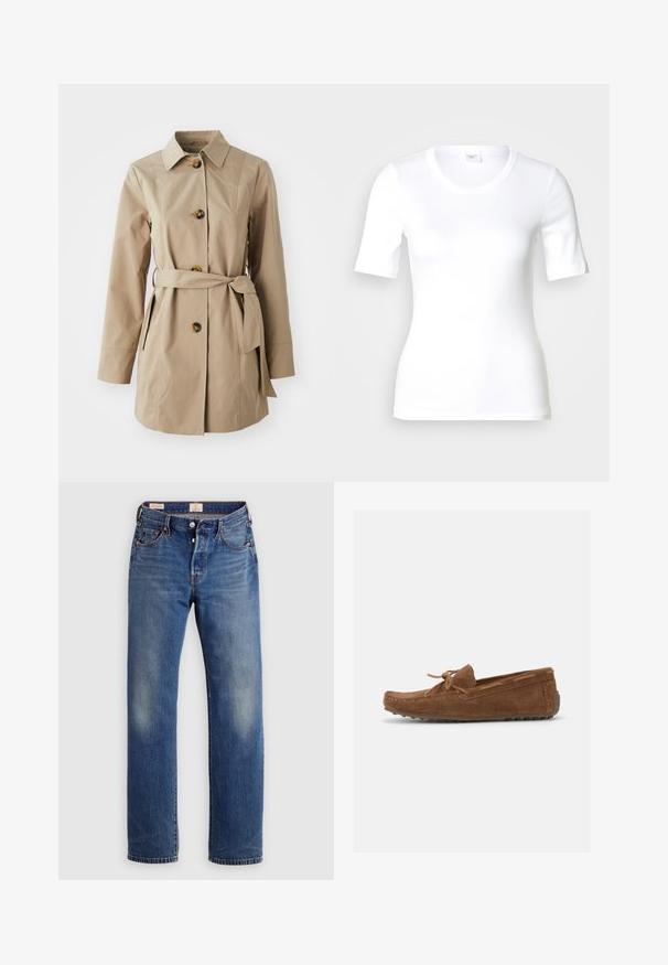 Beige trenchcoat med krave, lange ærmer, tre store knapper, sidelommer og et stofbælte i taljen.; Hvid T-shirt med korte ærmer lavet af glat bomuld, med rund halsudskæring og en tætsiddende pasform. Klassisk design uden mønstre eller detaljer.; Blå denimjeans med lige ben, der har en falmet tekstur, orange syninger og fem-lomme-design med metalbeslag.; Brun mokkasinsko i ruskind med syet tå, snørebånd bundet i sløjfe på toppen og gummisål med grebstifter.