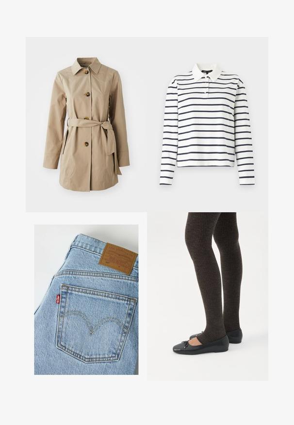 Beige trenchcoat med krave, lange ærmer, tre store knapper, sidelommer og et stofbælte i taljen.; Langærmet polo-shirt i hvid med navy horisontale striber, med krave og tre-knaps placket. Fremstillet af bomuldsmateriale.; Lyseblå Levi's denim jeans, der viser baglommen med orange syning og det brune Levi Strauss-mærke på linningen.; Ben iført mørke ribbede leggings kombineret med sorte balletsko med små sløjfedetaljer på hvid baggrund.