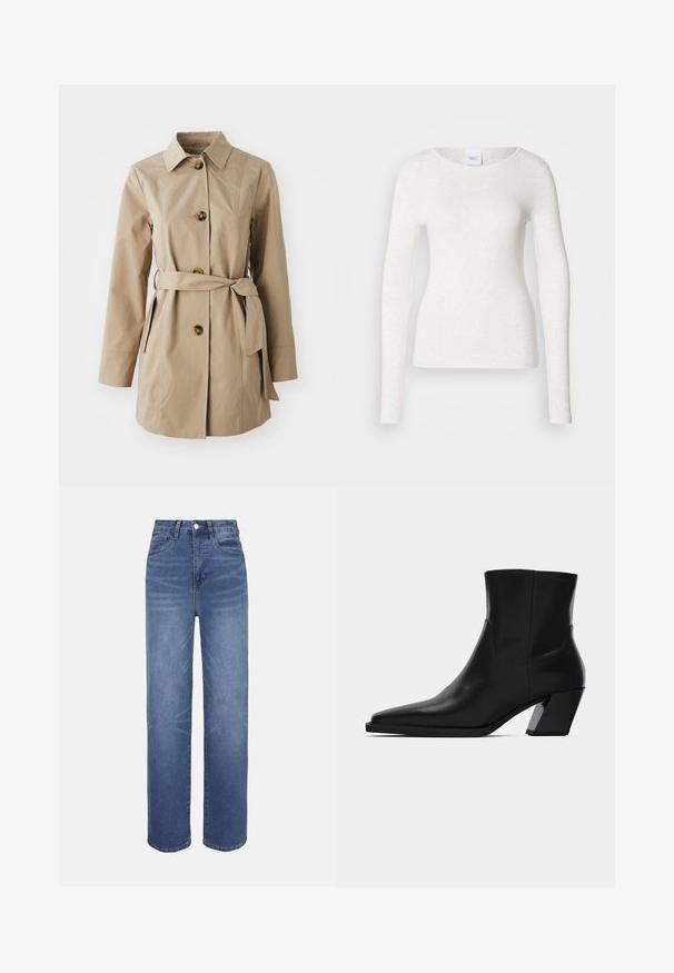 Beige trenchcoat med krave, lange ærmer, tre store knapper, sidelommer og et stofbælte i taljen.; Hvid langærmet t-shirt i et blødt, letvægtsstof med rund halsudskæring og slank pasform, der har en diskret struktur.; Lyseblå denimjeans med højtaljet, lige ben, fem-lomme-design og subtile falmede detaljer i hele stoffet.; Sortlæder ankelstøvle med spids tå, en slank silhuet og en kraftig firkantet hæl. Glat tekstur med minimale stikninger.