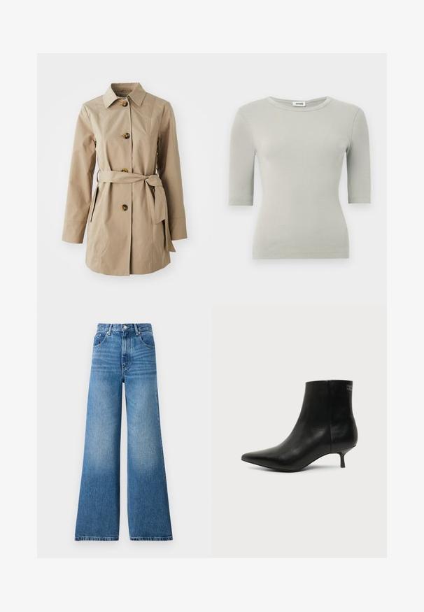 Beige trenchcoat med krave, lange ærmer, tre store knapper, sidelommer og et stofbælte i taljen.; Lysegrå ribbet kortærmet top med rund halsudskæring og tætsiddende pasform. Glat tekstur og let stretch for komfort.; Højtaljede blå denim jeans med bred benklip, der har lys afblegning, klassisk fem-lomme design og metalknaplukning.; Sort læder ankelstøvle med spids tå og lav kitten hæl på lys baggrund, der viser yderside.