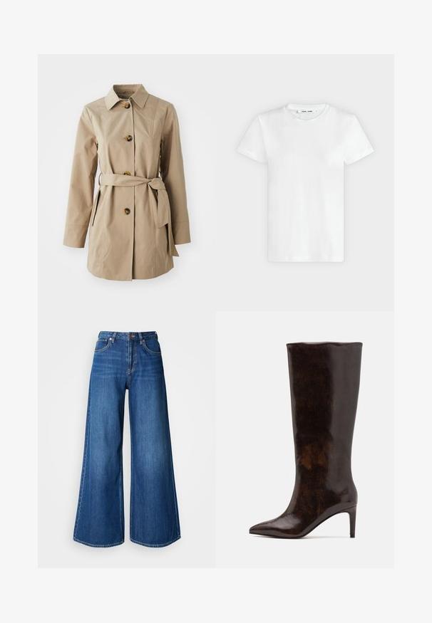 Beige trenchcoat met een kraaghals, lange mouwen, drie grote knopen, zijzakken en een stoffen riem in de taille.; Effen witte T-shirt met korte mouwen en ronde hals, plat liggend op een lichtgrijze achtergrond, met voorzijde en label aan de binnenkant van de halslijn zichtbaar.; Wijde blauwe spijkerbroek van denim. Voorzien van een hoge taille, strakke lijnen en contrasterende stiksels. De pijpen lopen aanzienlijk wijd uit aan de zoom.; Call it Spring RHODDE - Laarzen met hoge hak - medium brown