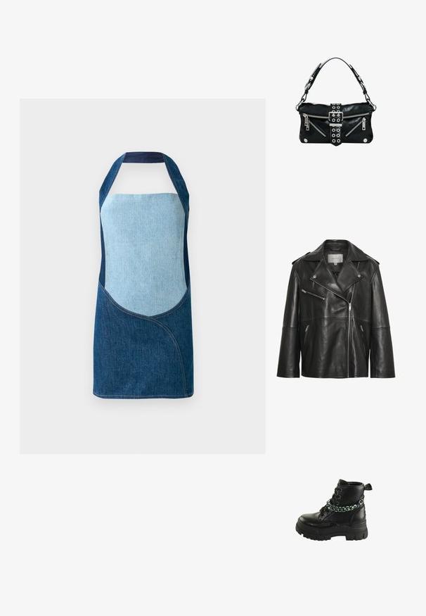Sort læderjakke med bredt revers med hak, asymmetrisk frontlynlås og flere lynlåslommer. Glat tekstur og tætsiddende design.; Denimforklæde med en blanding af lyse og mørke blå stoffer, med buede paneldesign og halterneck silhuet.; Sort læder ankelstøvle med en kraftig gummisål, der har farverige øjer og en kæde detalje, der er viklet omkring anklen.; Sort læderhåndtaske med sølv lynlåse, central spænde strop med hulringe og kort skulderstrop med sølv hardware.