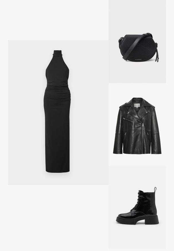 Chaqueta de cuero negra con solapa ancha con muesca, cremallera frontal asimétrica y varios bolsillos con cremallera. Textura lisa y diseño ajustado.; Vestido negro de cuello halter hecho de una tela suave, con un diseño ajustado que presenta fruncidos en la cintura y una falda larga y recta.; Botines de charol negro con una suela gruesa, punta redonda, cordones en la parte frontal y una pestaña en la parte posterior. Suela de goma plana y texturizada.; Bolso cruzado de cuero negro con una textura ondulada y estriada, forma redondeada y correa ajustable. Presenta un logo en la parte inferior.