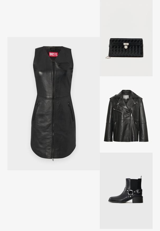 Chaqueta de cuero negra con solapa ancha con muesca, cremallera frontal asimétrica y varios bolsillos con cremallera. Textura lisa y diseño ajustado.; Vestido sin mangas de cuero negro con cierre de cremallera, dos bolsillos laterales y un bolsillo en el pecho con cremallera. Destacado logo de Diesel en rojo en el cuello.; Botín negro de cuero hasta el tobillo con detalle de hebilla y anillo lateral, panel elástico lateral, tacón bajo en bloque y lengüeta en fondo liso.; Bolso de mano de cuero negro con un patrón texturizado y ondas en forma de concha, con herrajes plateados y una correa de cadena. Bolsillo delantero con cremallera y cierre decorativo.