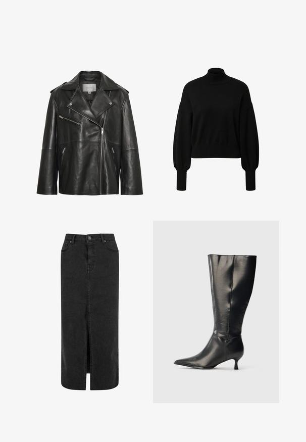 Sort læderjakke med bredt revers med hak, asymmetrisk frontlynlås og flere lynlåslommer. Glat tekstur og tætsiddende design.; LeGer by Lena Gercke PENELOPE JUMPER - Striktrøje - schwarz; Sort denimnederdel med lige snit, frontal split, fem-lomme design, bæltestropper og knaplukning i taljen.; Sort knæhøj læderstøvle med spids tå og lav kittenhæl, vist på en enkel lys baggrund.