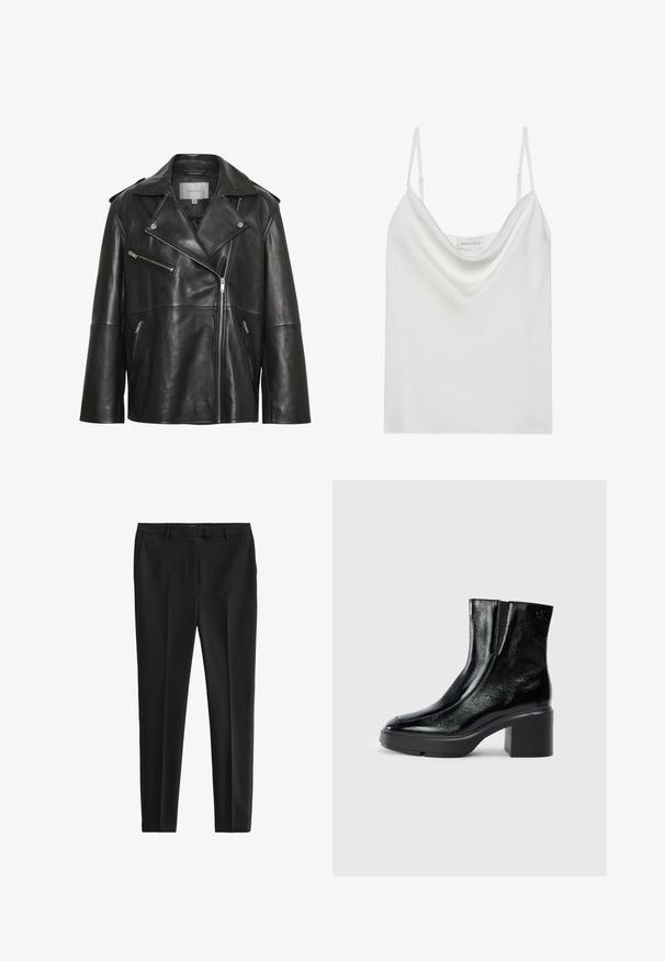 Sort læderjakke med bredt revers med hak, asymmetrisk frontlynlås og flere lynlåslommer. Glat tekstur og tætsiddende design.; Hvid satin camisole med en draperet udskæring, tynde justerbare stropper og en lige afslutning. Mærket "ANNA FIELD" er synligt indeni.; Sorte bukser i et glat, letvægtsstof. Har en skræddersyet pasform, forkantede folder og standard bæltestropper med sidelommer og baglommer.; Sorte patenterede læderankelstøvler med en buet tå, elastiske sidepaneler og en kraftig blokhæl. Har et præget logo på bagsiden.