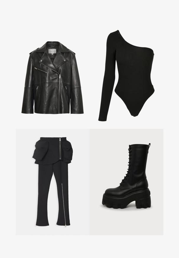 Veste en cuir noire avec un large col cranté, une fermeture éclair frontale asymétrique et plusieurs poches zippées. Texture lisse et coupe ajustée.; Bodysuit noir à épaule unique en tissu extensible, doté d'une manche longue d'un côté, d'ouvertures de jambe à taille haute et d'une silhouette ajustée.; A.W.A.K.E. MODE BASQUE PANTS WITH ZIPS AND LARGE POCKETS - Pantalon classique - black; Botte haute en cuir noir à plateforme avec semelle épaisse crantée et hauteur mi-mollet, vue de profil droit sur fond uni.