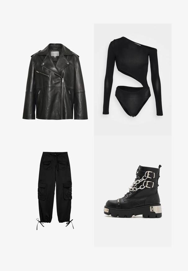 Sort læderjakke med bredt revers med hak, asymmetrisk frontlynlås og flere lynlåslommer. Glat tekstur og tætsiddende design.; Materiel DIAGONAL CUT BODY - T-shirts print - black; Sorte cargo-bukser lavet af blødt stof, med snor i taljen, to forlommer og to sidelommer med knapklapper. Justerbare manchetter.; Koi Footwear SHACKLED SHADOWS HEAVY DUTY CHAIN - Cowboy- / bikerstøvlette - black