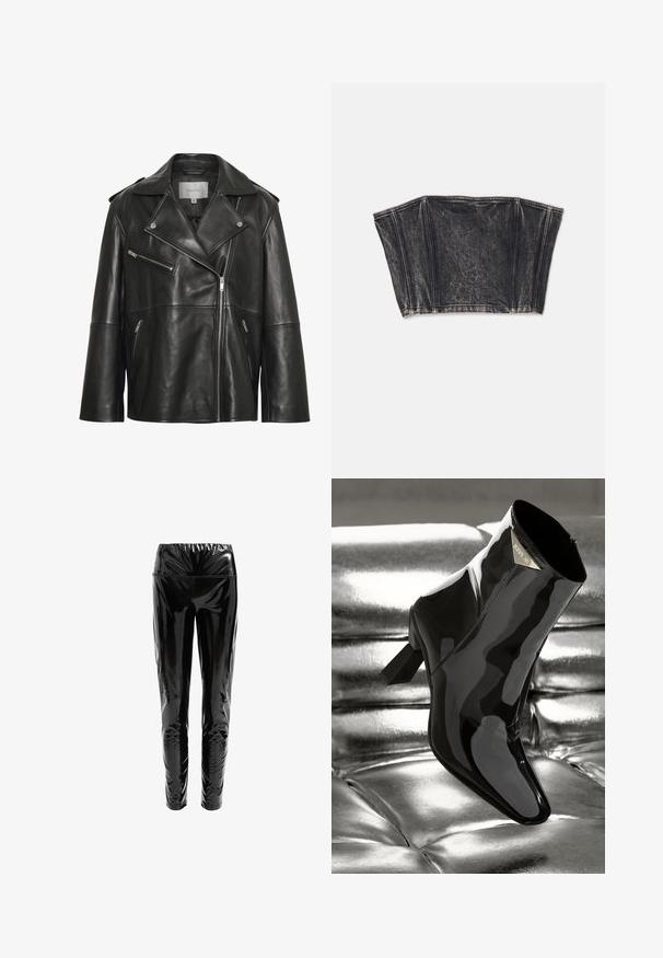Veste en cuir noire avec un large col cranté, une fermeture éclair frontale asymétrique et plusieurs poches zippées. Texture lisse et coupe ajustée.; Bustier en denim noir au design structuré, avec des coutures verticales et une forme ajustée et courte. Surface texturée avec un léger dégradé.; Pantalons noirs taille haute en matériau brillant et réfléchissant, avec une texture lisse ; design ajusté se rétrécissant aux chevilles.; Botte de cheville en cuir verni noir avec un bout pointu et un talon carré. Équipée d'une plaque logo dorée et d'une finition lisse et brillante.