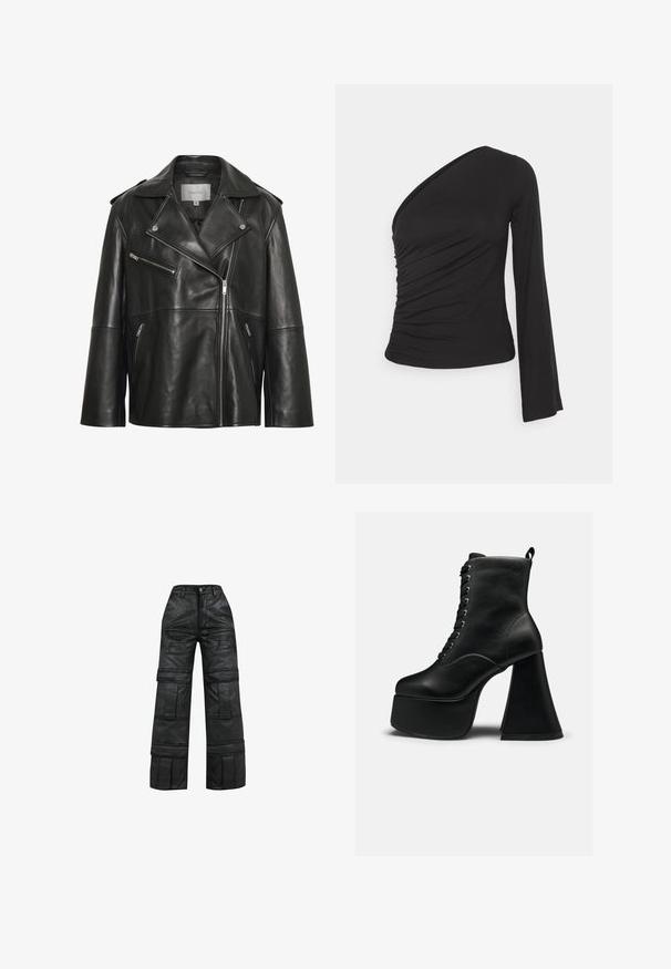 Veste en cuir noire avec un large col cranté, une fermeture éclair frontale asymétrique et plusieurs poches zippées. Texture lisse et coupe ajustée.; Haut asymétrique à manches longues en noir, avec un côté froncé pour une texture et une silhouette ajustée. Fabriqué en matériau doux et extensible.; Pantalon noir taille haute à jambes larges avec plusieurs poches plaquées et des détails de panneaux cousus à l'avant et sur les jambes.; Bottine à plateforme noire avec laçage à l'avant et large talon bloc, texture cuir lisse et languette à l'arrière.