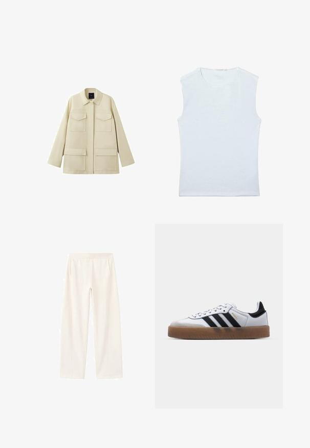 Veste beige à manches longues avec quatre poches à rabat sur le devant et un col classique, présentée sur un fond blanc.; Débardeur sans manches en coton blanc avec encolure ronde et un design simple et uni.; Pantalon ample couleur ivoire avec taille élastique et poches latérales, fabriqué dans un tissu doux et lisse.; Baskets en cuir blanc avec des rayures noires, semelle extérieure en caoutchouc beige, bout rond, fermeture lacée et embout en suède gris doux.