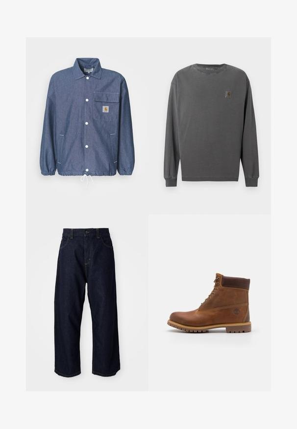 Chaqueta de mezclilla en azul oscuro con frente abotonado, bolsillo en el pecho, puños elásticos, dobladillo ajustable y parche con el logo de Carhartt en el bolsillo.; Camisa de manga larga en algodón gris oscuro. Cuenta con cuello redondo, puños elásticos y un pequeño parche con el logo cuadrado en el pecho izquierdo.; Pantalones de mezclilla azul oscuro con un corte relajado, que cuentan con una cremallera de botón, trabillas para cinturón y costuras y bolsillos con pespuntes amarillos.; Botas de senderismo de cuero marrón con un acabado suave, tobillo acolchado, ojales de metal y suela de goma con un patrón de tracción robusto.