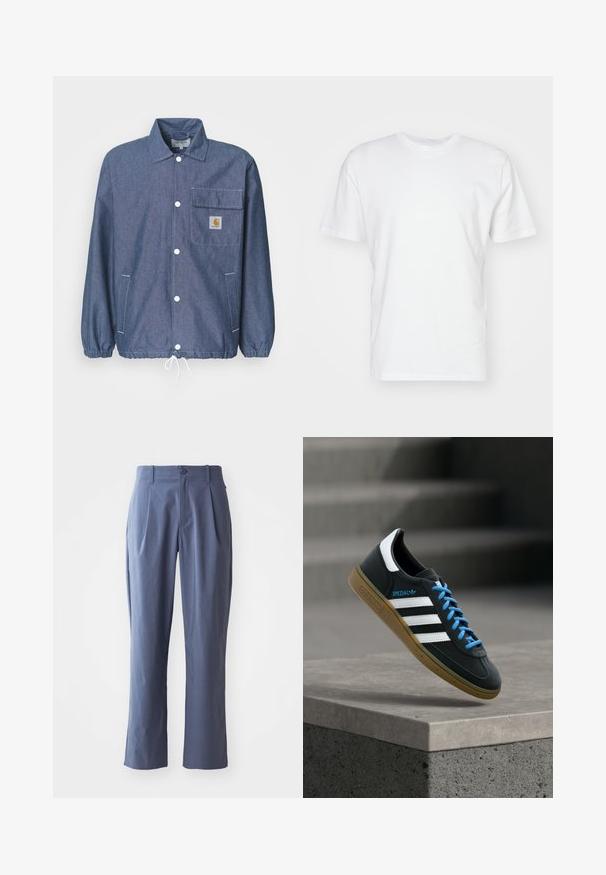 Chaqueta de mezclilla en azul oscuro con frente abotonado, bolsillo en el pecho, puños elásticos, dobladillo ajustable y parche con el logo de Carhartt en el bolsillo.; Camiseta de algodón blanca con manga corta, escote redondo y una textura suave. Diseño simple sin patrones ni gráficos.; Pantalones azul marino con pinzas, de corte recto, fabricados en tela ligera, con un cierre frontal de un solo botón y trabillas para el cinturón.; Zapatilla negra Adidas con franjas blancas, cordones azules y suela de goma flotando sobre un escalón de hormigón gris con luz suave.