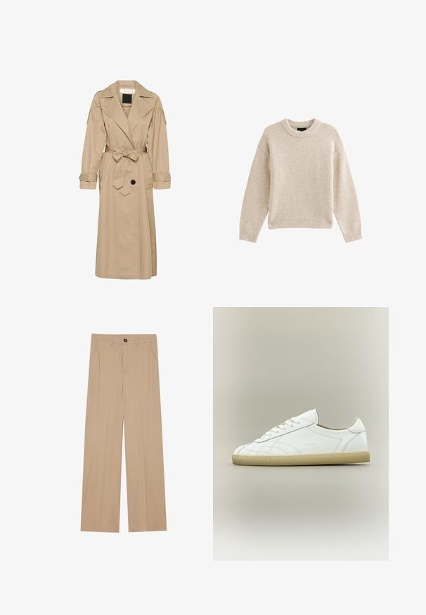 Beige trenchcoat lavet af letvægtsstof, med bælte i taljen, stort krave og knaplukning med to sidelommer.; Beige strikket sweater med rund hals, lange ærmer og ribbet kant. Tekstureret stof med en blød udseende. Enkel og alsidig design.; Beige brede bukser med en glat tekstur, der har to sidelommer, en frontlukning med knap og diskrete plisseringer for at tilføje detaljer.; Hvid lavtop lædersneaker med beige sål, snøredesign og subtile syede mønstre på neutral baggrund.