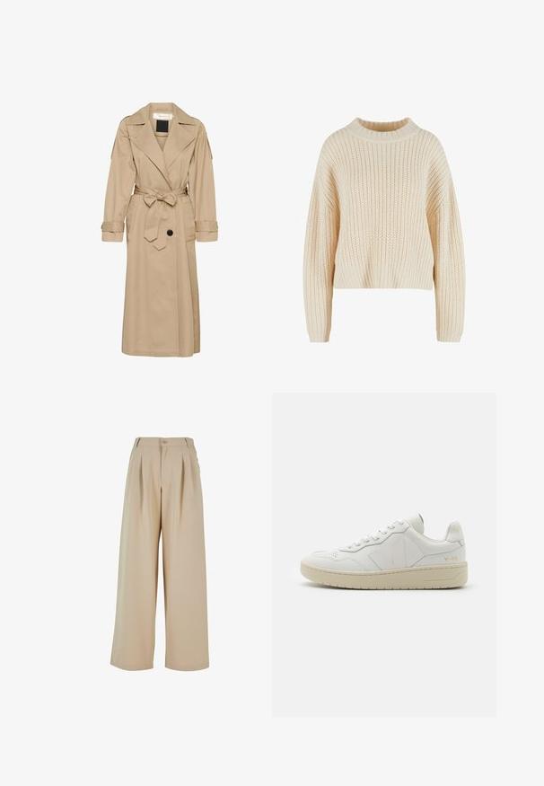 Beige trenchcoat lavet af letvægtsstof, med bælte i taljen, stort krave og knaplukning med to sidelommer.; Cremefarvet strikket sweater med høj ribbet krave, brede ærmer og et struktureret mønster hele vejen igennem. Kropet design med ribbet kant.; Beige vide benbukser med plisseret front, knaplukning og en glat tekstur. Har en skræddersyet talje og sidelommer.; Hvide lædersneakers med perforeret tåboks, kontrasterende beige gummisål og logoer på siden og hælen. Minimalistisk design.