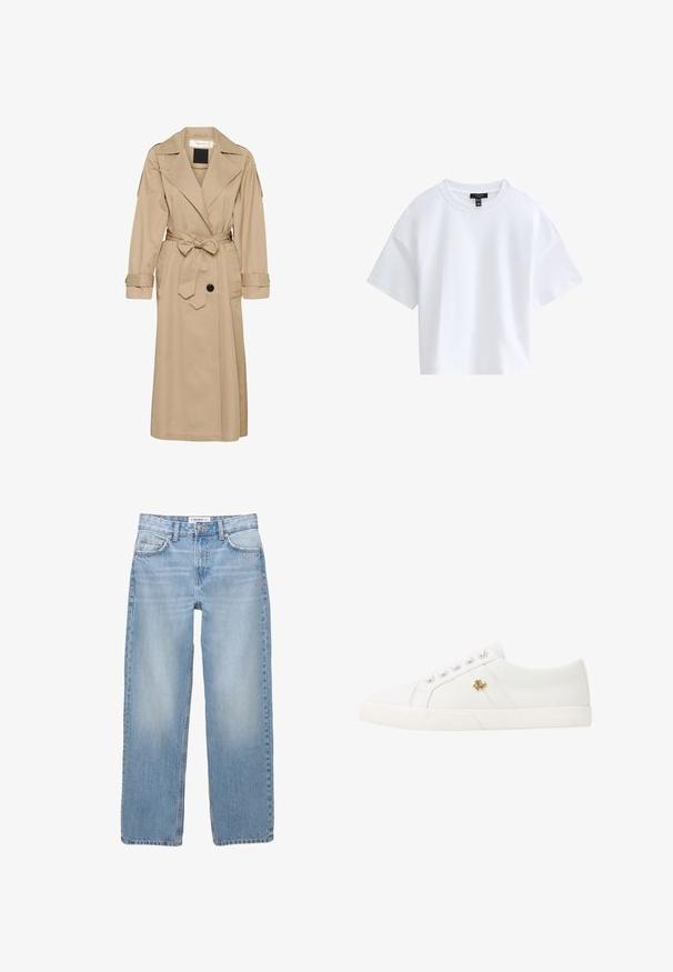 Beige trenchcoat lavet af letvægtsstof, med bælte i taljen, stort krave og knaplukning med to sidelommer.; Simpel hvid kortærmet crop top med rund halsudskæring og sort mærke indeni kraven.; Lyseblå denimbukser med lige ben, fem-pockets stil og synlige syninger. Stofmaterialet har en blød, let falmet tekstur.; Lauren Ralph Lauren JANSON II CANVAS SNEAKER - Sneakers - optic white