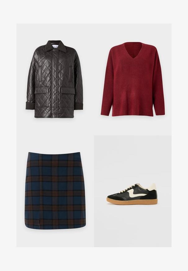 Veste en cuir synthétique marron matelassée avec un col, deux poches avant et des poignets en tricot. Présente une coupe décontractée et ample.; Pull-over v neck rouge à manches longues, fabriqué en tissu texturé doux, offrant une coupe décontractée et des fentes sur les côtés à l'ourlet.; Jupe mini en tartan bleu marine avec des lignes marron et grises, fabriquée dans un tissu lisse, avec une fente discrète au dos pour plus de liberté de mouvement.; Baskets en daim et cuir noir avec un swoosh latéral crème et un talon crème clair. Dotées de lacets beige et d'une semelle en caoutchouc gomme.