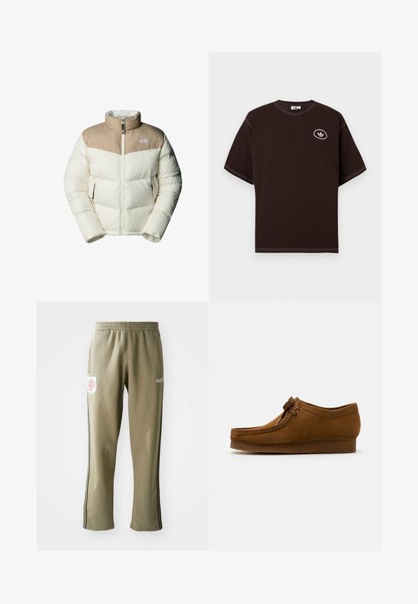 The North Face M SAIKURU JACKET - Talvitakki - mushroom grey/white dun; Tummanruskea lyhythihainen t-paita, jossa valkoiset ompeleet ja vasemmassa rinnassa pieni valkoinen Adidas-timanttilehtilogo ympyrän sisällä.; Oliivinvihreät collegehousut, joissa on joustava vyötärö, sivutaskut, mustat sivurajat ja logotikku reisissä.; Ruskeat mokkakengät, joissa on pyöreä kärki ja matala kanta, yksityiskohtainen ompelu saumoissa sekä nauhakiristys etuosassa. Pehmeä pinta ja virtaviivainen muotoilu.