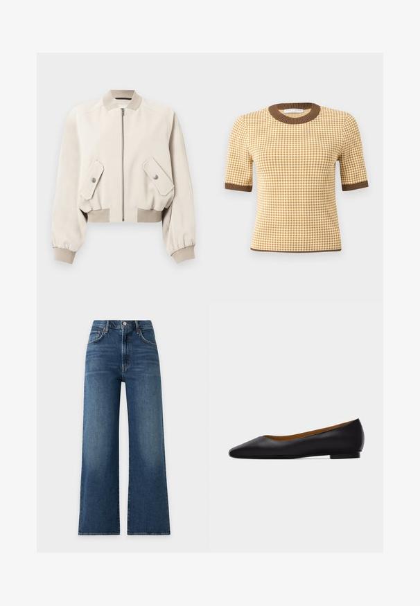 Veste bomber beige clair avec fermeture éclair à l'avant, deux poches à rabat avec boutons-pression, col, poignets et ourlet côtelés.; Haut en maille à manches courtes avec motif pied-de-poule marron et crème, col côtelé marron, poignets de manches et ourlet.; Jean bleu taille haute à jambes larges avec bouton et fermeture éclair à l'avant, poches avant et détails légèrement délavés sur les cuisses et les genoux.; Chaussure plate en cuir noir à bout pointu avec talon bas et finition lisse, vue de côté sur un fond gris clair.
