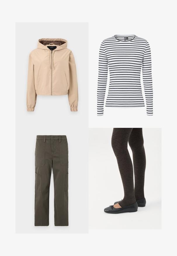 Afskåret beige jakke lavet af et glat, let materiale. Har hætte, lynlås og elastiske håndledsnitter. To forlommer.; Hvid ribbet langærmet skjorte med smalle sorte vandrette striber og rund halsudskæring.; Good American CROPPED PANTS - Cargobukser - fatigue; Ben iført mørke ribbede leggings kombineret med sorte balletsko med små sløjfedetaljer på hvid baggrund.