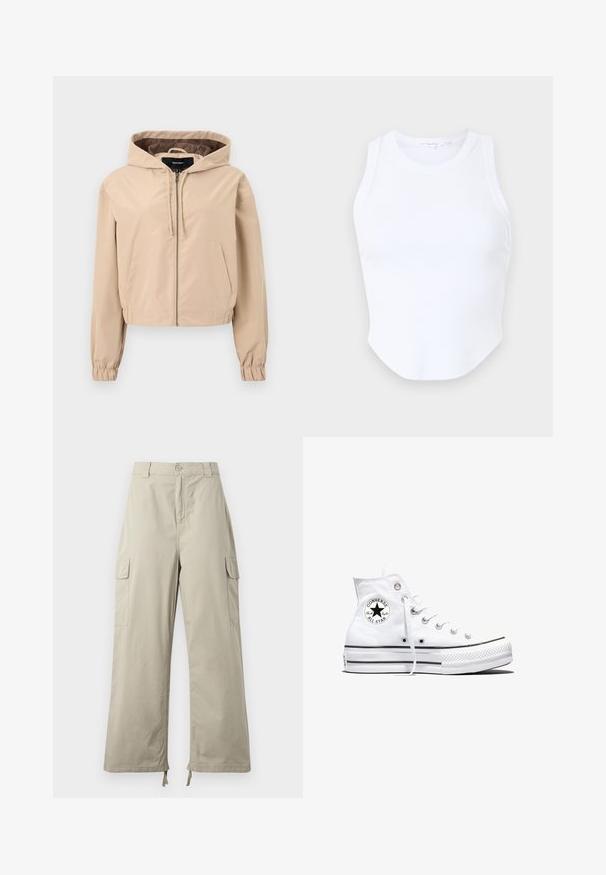 Afskåret beige jakke lavet af et glat, let materiale. Har hætte, lynlås og elastiske håndledsnitter. To forlommer.; Good American MICRO TANK - Top - white; Lys beige cargo bukser med en afslappet pasform, der har knaplukning, sidelommer og justerbar kant med snore. Glat stoftekstur.; Hvid højtop Converse Chuck Taylor All Star-sneaker med sort logo-patch og hvide snørebånd, vist på hvid baggrund.