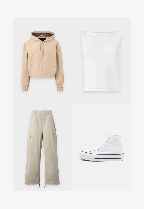 Veste beige cintrée en matériau lisse et léger. Dispose d'une capuche, d'une fermeture éclair et de poignets élastiques. Deux poches avant.; Haut sans manches blanc avec un décolleté droit, fabriqué en tissu lisse, doté d'une silhouette ajustée et sans matériel visible ni motifs.; Pantalons cargo beige clair avec une coupe décontractée, dotés d'une fermeture à bouton, de poches latérales et d'un ourlet ajustable avec des liens. Texture de tissu lisse.; Baskets montantes blanches en toile, semelle en caoutchouc noir et bande noire contrastante sur la semelle intermédiaire. Bout rond et design à lacets.