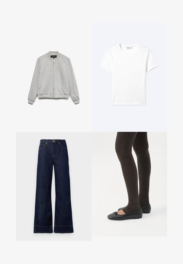 Chaqueta bomber gris claro con cremallera frontal, cuello, puños y dobladillo acanalados, y dos bolsillos laterales, exhibida sobre un fondo blanco.; Camiseta blanca lisa de manga corta con cuello redondo y una pequeña etiqueta "WEEKDAY" dentro del cuello, mostrada extendida sobre un fondo claro.; Jeans rectos de mezclilla color azul oscuro. Presentan un cierre de botón, detalles de costura y bolsillos laterales. Dobladillo acampanado.; Piernas con leggings oscuros acanalados combinados con bailarinas negras que presentan pequeños detalles de lazo sobre un fondo blanco.