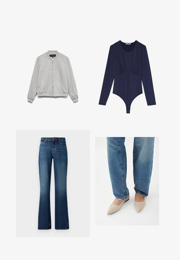 Lichtgrijze bomberjas met ritssluiting aan de voorkant, geribde kraag, manchetten en zoom, en twee zijzakken, weergegeven op een witte achtergrond.; Marineblauwe long-sleeve bodysuit met een ronde halslijn, plooidetail bij de taille en een thong-stijl onderkant. Zachte, rekbare stof.; Uitlopende jeans in een medium blauwe wassing, met een klassiek vijf-pocket ontwerp, knoopsluiting en een licht vervaagde textuur.; Persoon die een blauwe spijkerbroek en beige platte schoenen met puntige neus draagt, staat op een witte vloer.