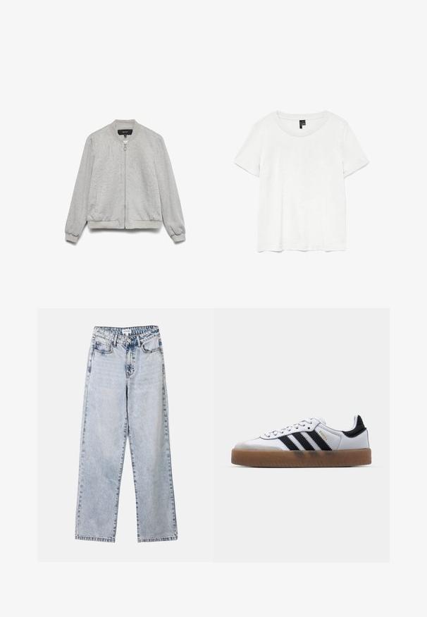 Veste bomber gris clair avec fermeture éclair à l'avant, col, poignets et ourlet côtelés, et deux poches latérales, présentée sur un fond blanc.; T-shirt blanc à manches courtes avec un col rond, fabriqué en tissu léger. Design simple, texture lisse et ourlet droit.; Jean droit bleu clair en denim, doté de deux poches avant, d'une fermeture à bouton et de coutures contrastées le long des coutures.; Baskets en cuir blanc avec des rayures noires, semelle extérieure en caoutchouc beige, bout rond, fermeture lacée et embout en suède gris doux.