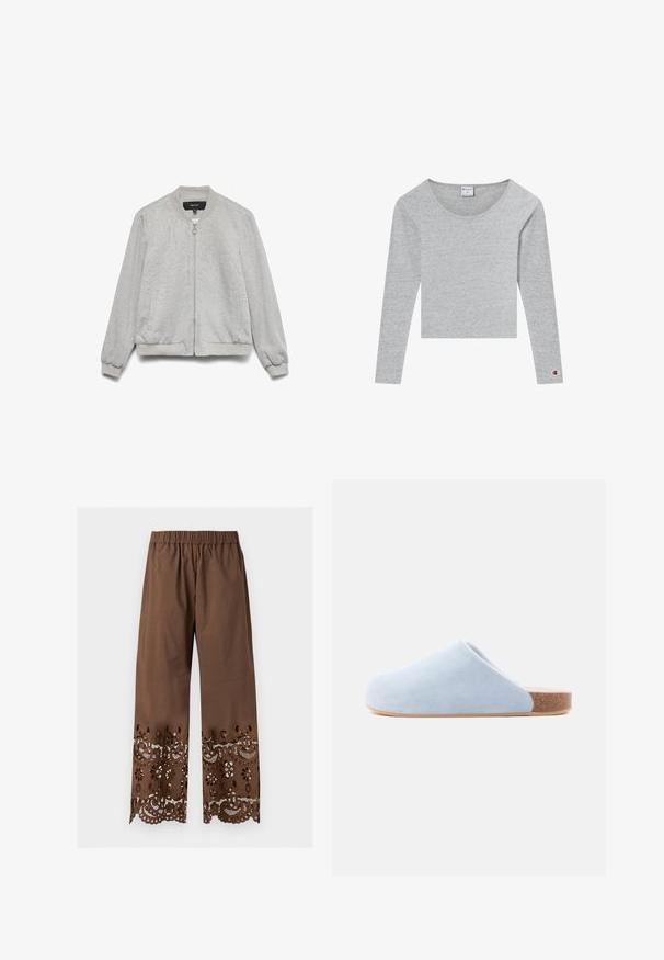 Lichtgrijze bomberjas met ritssluiting aan de voorkant, geribde kraag, manchetten en zoom, en twee zijzakken, weergegeven op een witte achtergrond.; Grijs cropped shirt met lange mouwen, gemaakt van zachte stof met een ronde halslijn, voorzien van een klein logo op de rechtermouw.; Bruine wijde broek met elastische tailleband en ingewikkelde bloemenkant met uitsnijdingen langs de onderbenen en zoom.; Lichtblauwe suède instapschoen met een afgeronde neus, zachte textuur en een kurken tussenzool voor extra comfort en ondersteuning.