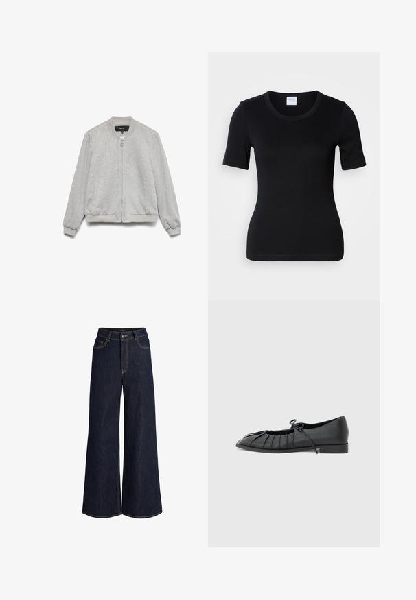 Chaqueta bomber gris claro con cremallera frontal, cuello, puños y dobladillo acanalados, y dos bolsillos laterales, exhibida sobre un fondo blanco.; Camiseta negra de manga corta hecha de algodón suave. Presenta un cuello redondo y un ajuste ceñido con detalles mínimos de costura.; Vaqueros de mezclilla azul oscuro de pierna ancha con botón y cremallera frontal, bolsillos delanteros y para monedas, y costuras visibles en contraste.; Zapato plano negro con diseño delantero plisado y un lazo atado en la parte superior, tacón bajo y textura lisa sobre un fondo gris claro.