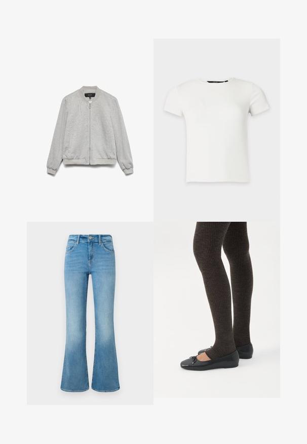 Veste bomber gris clair avec fermeture éclair à l'avant, col, poignets et ourlet côtelés, et deux poches latérales, présentée sur un fond blanc.; T-shirt blanc à manches courtes en maille côtelée avec col rond, présenté sur un fond uni gris clair.; Jean flare en denim bleu clair avec poches avant, passants de ceinture et fermeture à bouton sur un fond blanc.; Jambes portant des leggings côtelés foncés associés à des ballerines noires avec de petits détails en nœud sur fond blanc.
