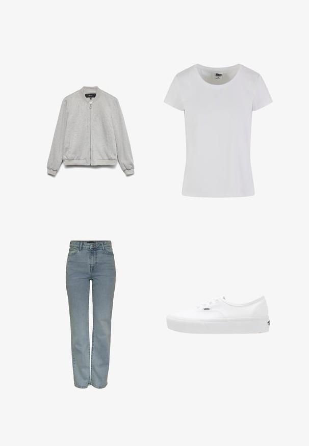 Chaqueta bomber gris claro con cremallera frontal, cuello, puños y dobladillo acanalados, y dos bolsillos laterales, exhibida sobre un fondo blanco.; Camiseta blanca de manga corta hecha de algodón. Presenta un escote redondeado y una forma ajustada. La etiqueta dice "URBAN CLASSICS."; Jeans de pierna recta de cintura alta en azul claro con cierre frontal de botón y cremallera, cinco bolsillos y pasadores para cinturón.; Vans UA AUTHENTIC PLATFORM 2.0 - Zapatillas skate - true white