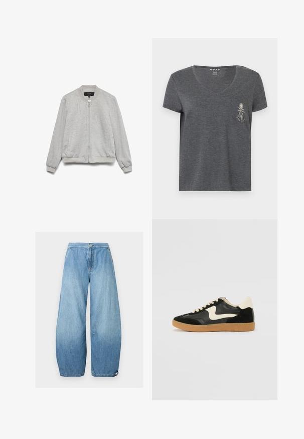 Chaqueta bomber gris claro con cremallera frontal, cuello, puños y dobladillo acanalados, y dos bolsillos laterales, exhibida sobre un fondo blanco.; Camiseta de manga corta con cuello en V de color gris oscuro con un pequeño bolsillo delantero que muestra un gráfico blanco de una palmera y una ola encima del texto "Roxy".; Vaqueros de mezclilla azul claro de pierna ancha con bolsillos delanteros, cierre de botón y bajos con cordón ajustable.; Zapatillas de deporte de ante y cuero negro con un swoosh lateral en crema y un talón en crema claro. Presenta cordones beige y una suela de goma marrón.