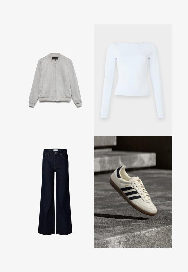 Chaqueta bomber gris claro con cremallera frontal, cuello, puños y dobladillo acanalados, y dos bolsillos laterales, exhibida sobre un fondo blanco.; Camiseta ajustada de manga larga en un tono azul claro con escote barco y un diseño simple y limpio sobre un fondo liso.; Vaqueros de mezclilla azul oscuro con pernera ancha, cierre delantero con botón y cremallera, trabillas para cinturón y bolsillos delanteros, mostrados sobre un fondo blanco.; Zapatilla blanca Adidas Samba con franjas negras y suela de goma, flotando sobre escalones de hormigón gris texturizado.