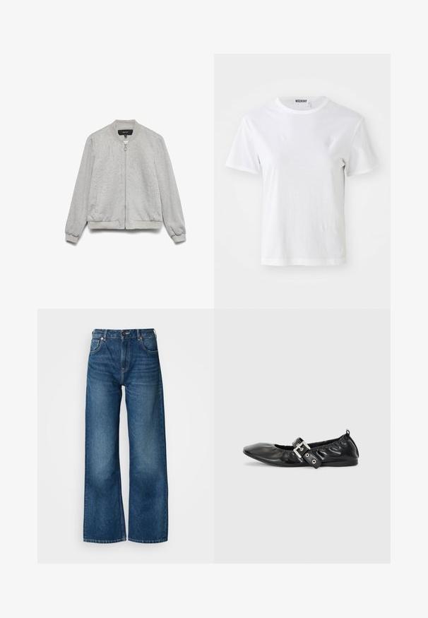 Chaqueta bomber gris claro con cremallera frontal, cuello, puños y dobladillo acanalados, y dos bolsillos laterales, exhibida sobre un fondo blanco.; Camiseta blanca de manga corta hecha de una tela suave. Cuenta con un escote redondo y un corte recto, con una etiqueta en el cuello interior.; Vaqueros de pierna ancha en azul, hechos de denim, con diseño de cinco bolsillos, cierre con botones y un sutil desgaste en la tela.; Zapato plano de piel negra con puntera afilada, detalle fruncido alrededor de la abertura y un acento de hebilla plateada en la correa ajustable.