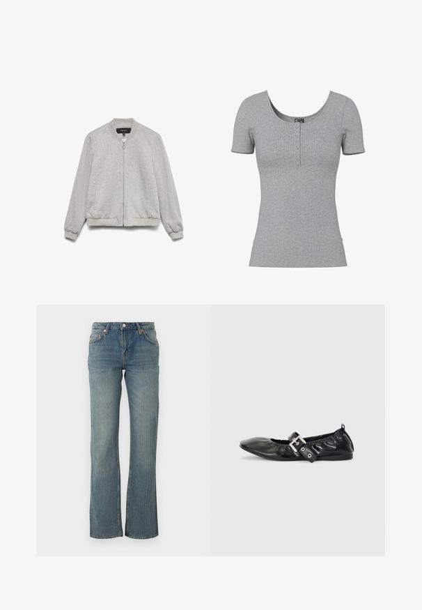 Veste bomber gris clair avec fermeture éclair à l'avant, col, poignets et ourlet côtelés, et deux poches latérales, présentée sur un fond blanc.; Haut gris côtelé à manches courtes avec un col rond en U et quatre petits boutons en ligne au centre devant.; Un jean en denim bleu clair présente une coupe droite, un design à cinq poches et des accents en métal cuivré. Le tissu a une finition légèrement texturée.; Chaussure plate en cuir noir avec un nez pointu, des détails froncés autour de l'ouverture et un accent en boucle argentée sur la bride ajustable.