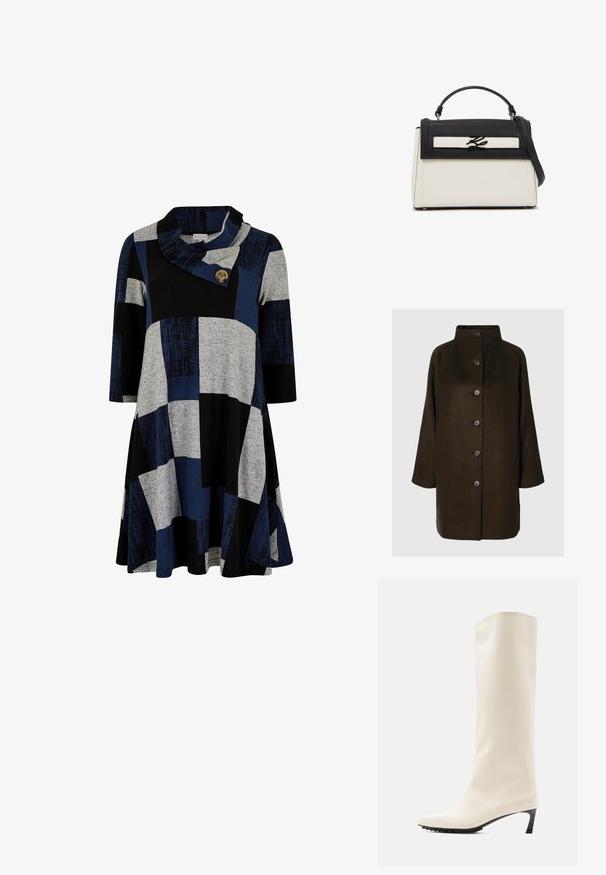 Brun uldblandingsfrakke med høj krave, seks sorte knapper og sidelommer. Designet har en afslappet silhuet med brede ærmer.; Apricot BLOCK SWING - Jerseykjole - teal; Knæhøj hvid støvle lavet af glat materiale med spids tå og slank sort hæl. Har et enkelt design og minimal branding.; Sort og hvid struktureret håndtaske med topgreb, aftagelig skulderrem og metallisk brandlogo på frontklap.