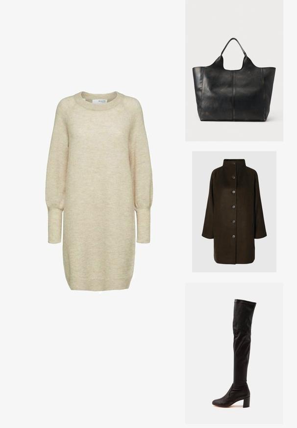 Ruskea villasekoitekate, jossa on korkea kaulus, kuusi mustaa nappia ja sivutaskut. Muotoilu on rento ja siinä on leveät hihat.; Selected SLFLULU DRESS O NECK - Neulemekko - birch; Musta polven yli ulottuva nahkasaapas, pyöreällä kärjellä ja mallinolla, valkoisella taustalla, sivuprofiilissa.; Musta nahkainen olkalaukku, jossa on sileä pinta, leveä aukko ja kaksi lyhyttä kahvaa, koristeltu vähäisellä ompelulla ja yksinkertaisella designilla.