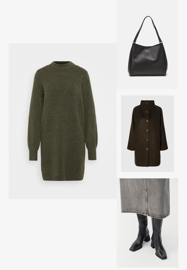 Brun uldblandingsfrakke med høj krave, seks sorte knapper og sidelommer. Designet har en afslappet silhuet med brede ærmer.; Strikkjole i olivengrøn med høj hals, lange puffærmer og en løs pasform. Blød tekstur med ribbede manchetter.; Sorte knæhøje støvler i glat læder med firkantet tå og blokeret hæl. Båret med en grå denimnederdel med flosset kant.; Sort syntetisk lædertaske med blød tekstur, hobo-form og dobbelte skulderremme; har en blank overflade og minimalistisk design.