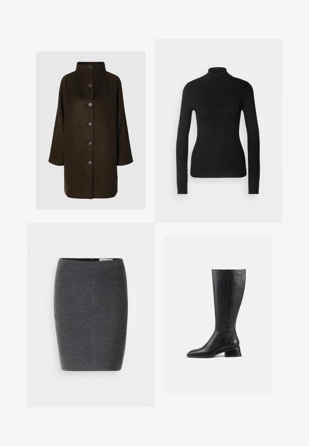 Brun uldblandingsfrakke med høj krave, seks sorte knapper og sidelommer. Designet har en afslappet silhuet med brede ærmer.; Sort turtleneck sweater lavet af let strikket stof. Har lange ærmer, et tætsiddende design og en blød ribbet tekstur.; Grå uld blyantskirt med en glat tekstur og tætsiddende design, med en diskret talje og uden synlige udsmykninger.; Støvle i sort læder, der går til knæene, med rund tå og lav blokhæl. Har en glat tekstur og minimal syning.