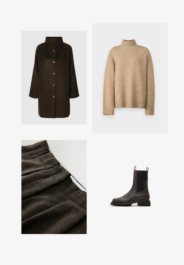 Brun uldblandingsfrakke med høj krave, seks sorte knapper og sidelommer. Designet har en afslappet silhuet med brede ærmer.; Beige rullekravetrøje lavet af blødt, struktureret strikmateriale. Har ribbede manchetter og kant, samt en afslappet pasform. Klassisk og hyggeligt design.; Brun hørven mønstret stof med plisseringer, der har en glat hvid inderforing langs taljen. Tekstureret uldmateriale.; Brune læder chelsea støvle med elastiske sidepaneler, en pull-tab og en robust gummisål med dybe riller til traction.